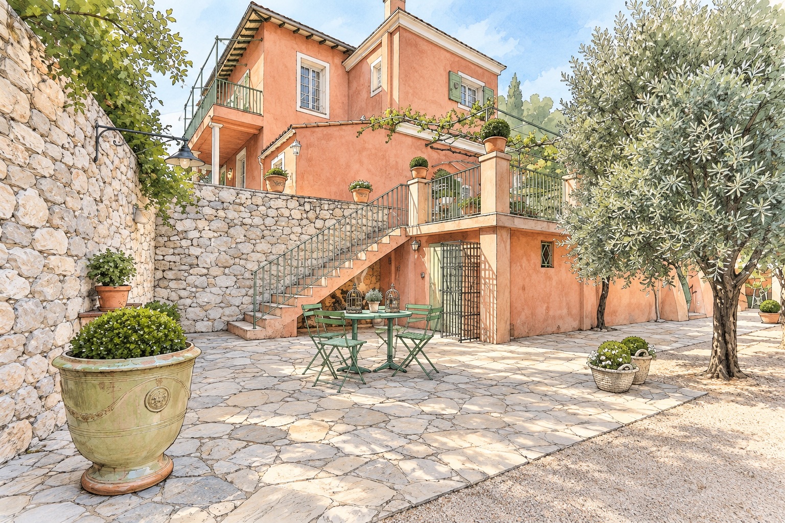 Watercolour illustration of Villa La Treille Muscate's terrace, staircase and olive trees